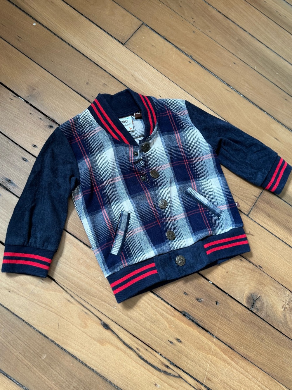 Children's Navy Plaid Bomber Jacket with Red Trim - Unbranded